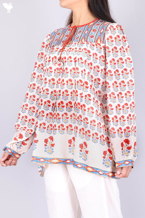 Cotton Silk Pleated Vintage Top In Floral Block Print